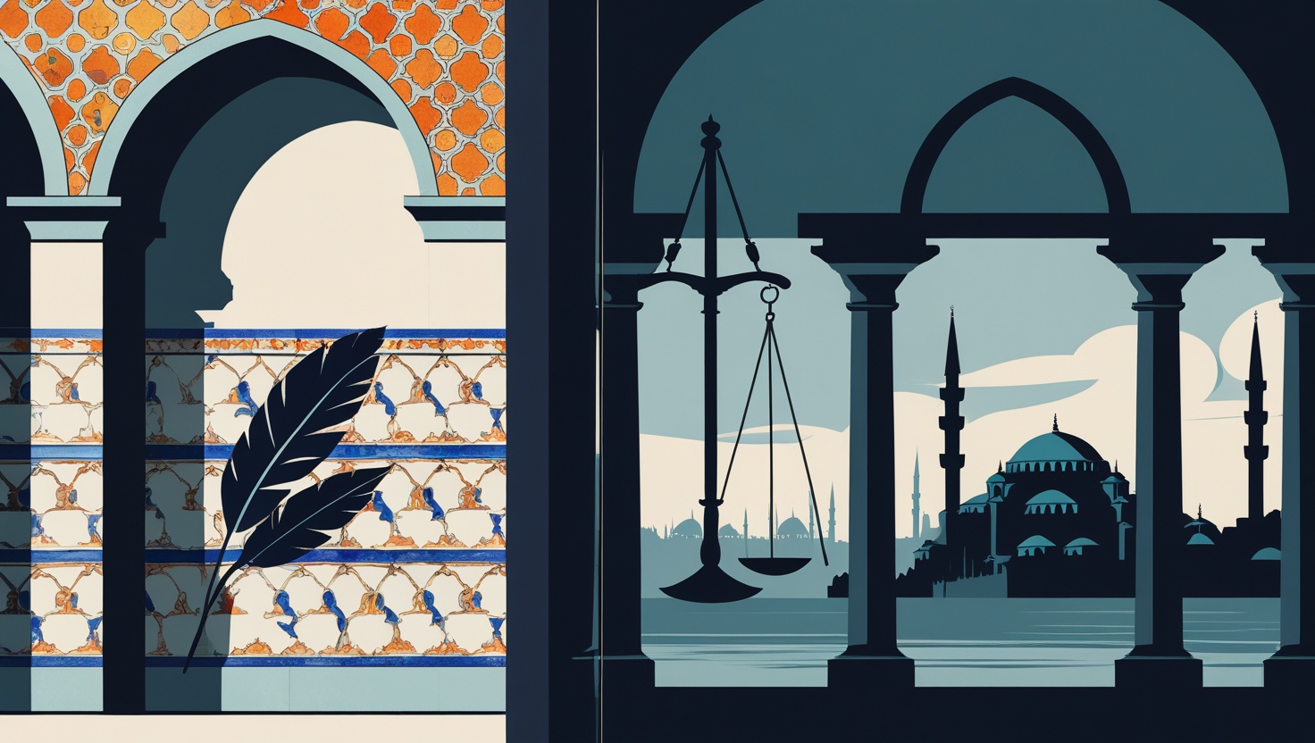 Split illustration: a Spanish tiled archway beside the Istanbul skyline with a balance scale