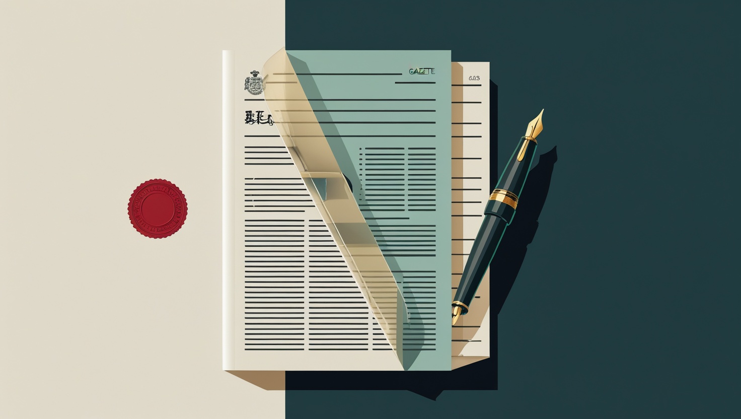 Illustration of an official gazette page with a red seal beside an annotated translation page and a fountain pen