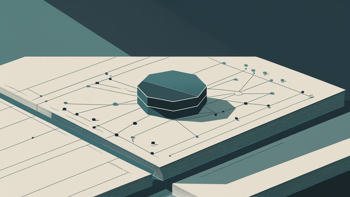 Hexagonal coin resting on a paper ledger with network lines