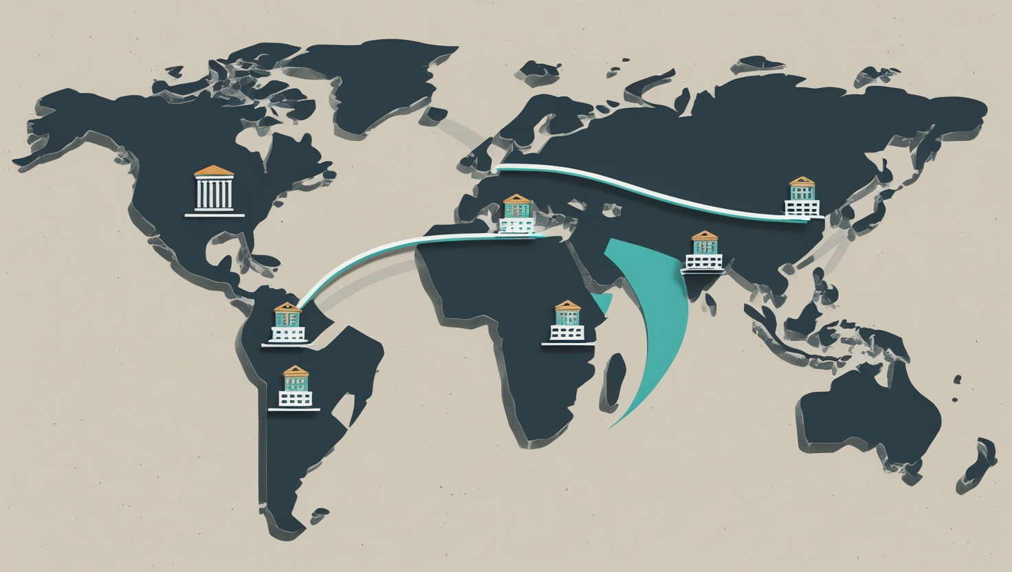 World map with payment routes arcing between bank icons