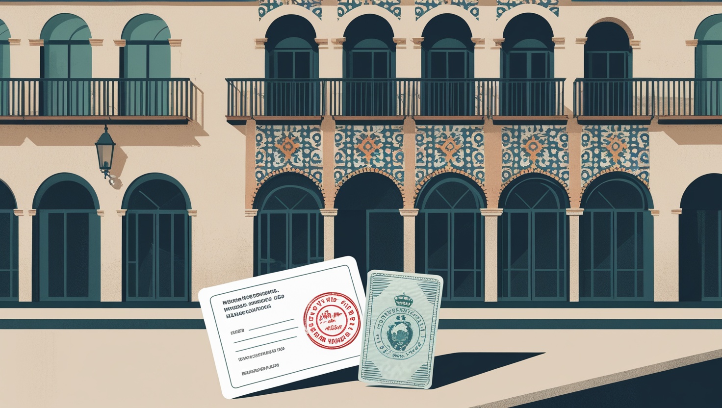 Illustrated Spanish tiled facade with a residence permit card