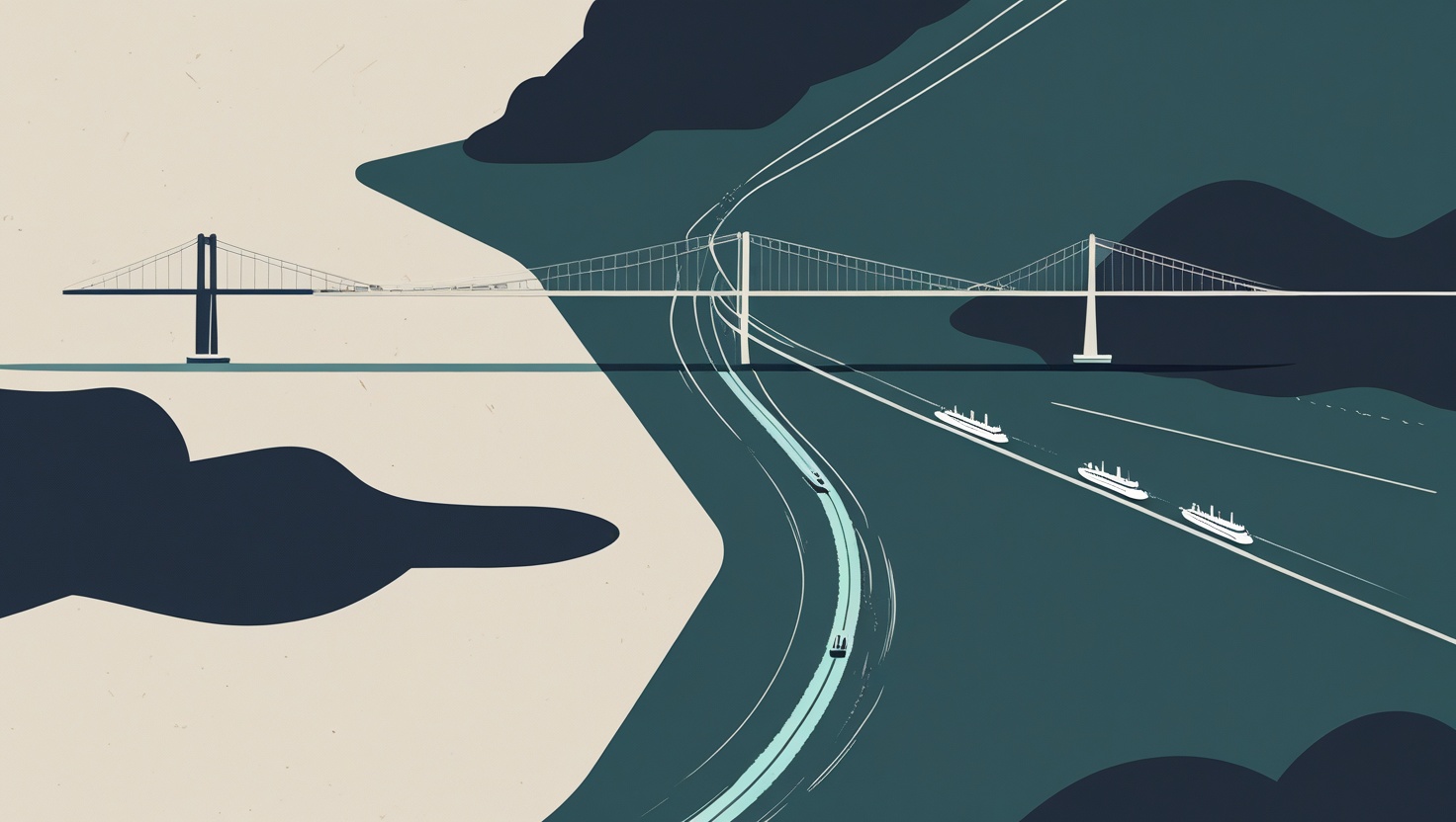 Aerial illustration of the Bosphorus with suspension bridges and ferry routes