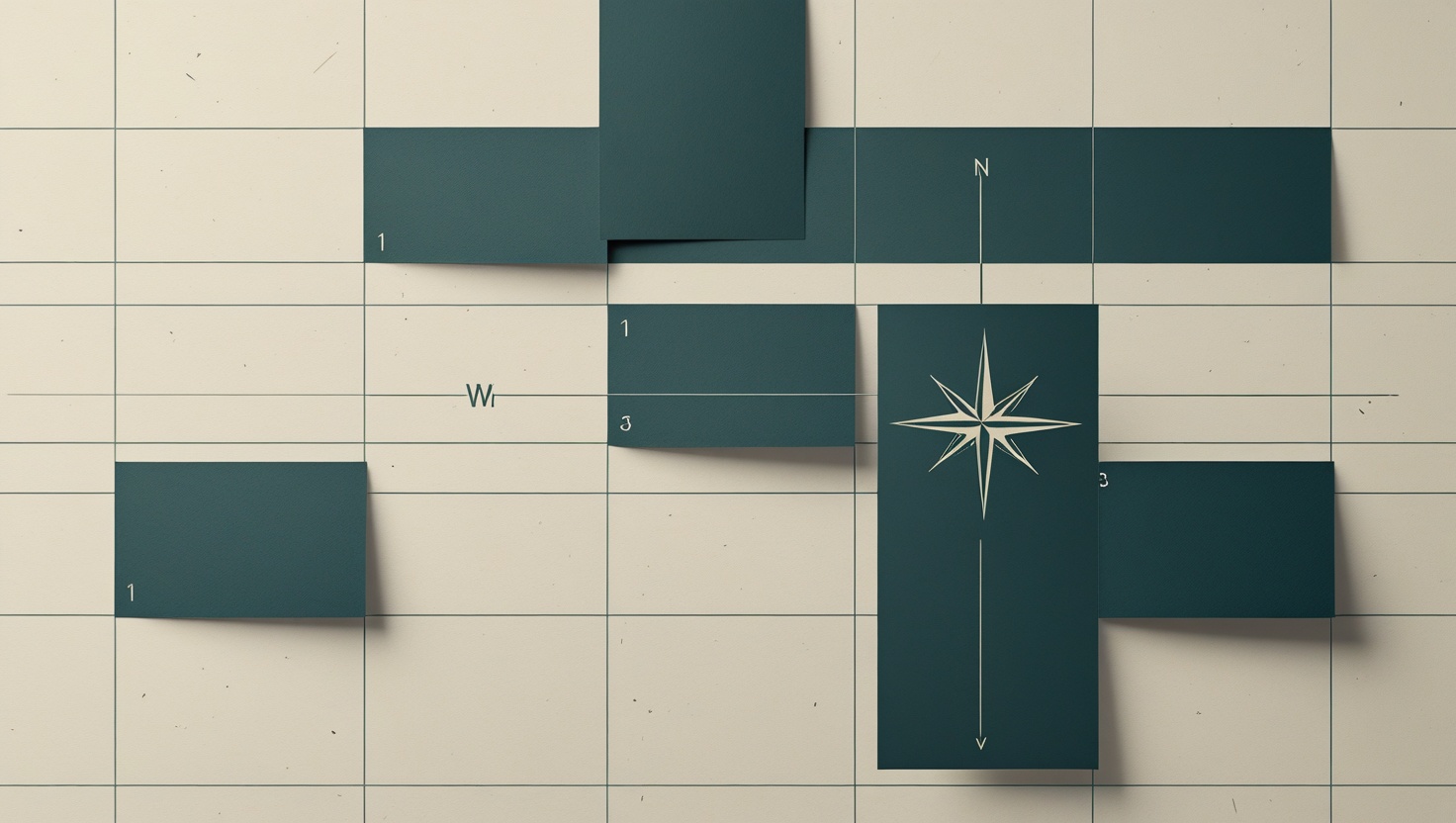 Minimalist illustration of a calendar grid with highlighted tiles and a compass rose