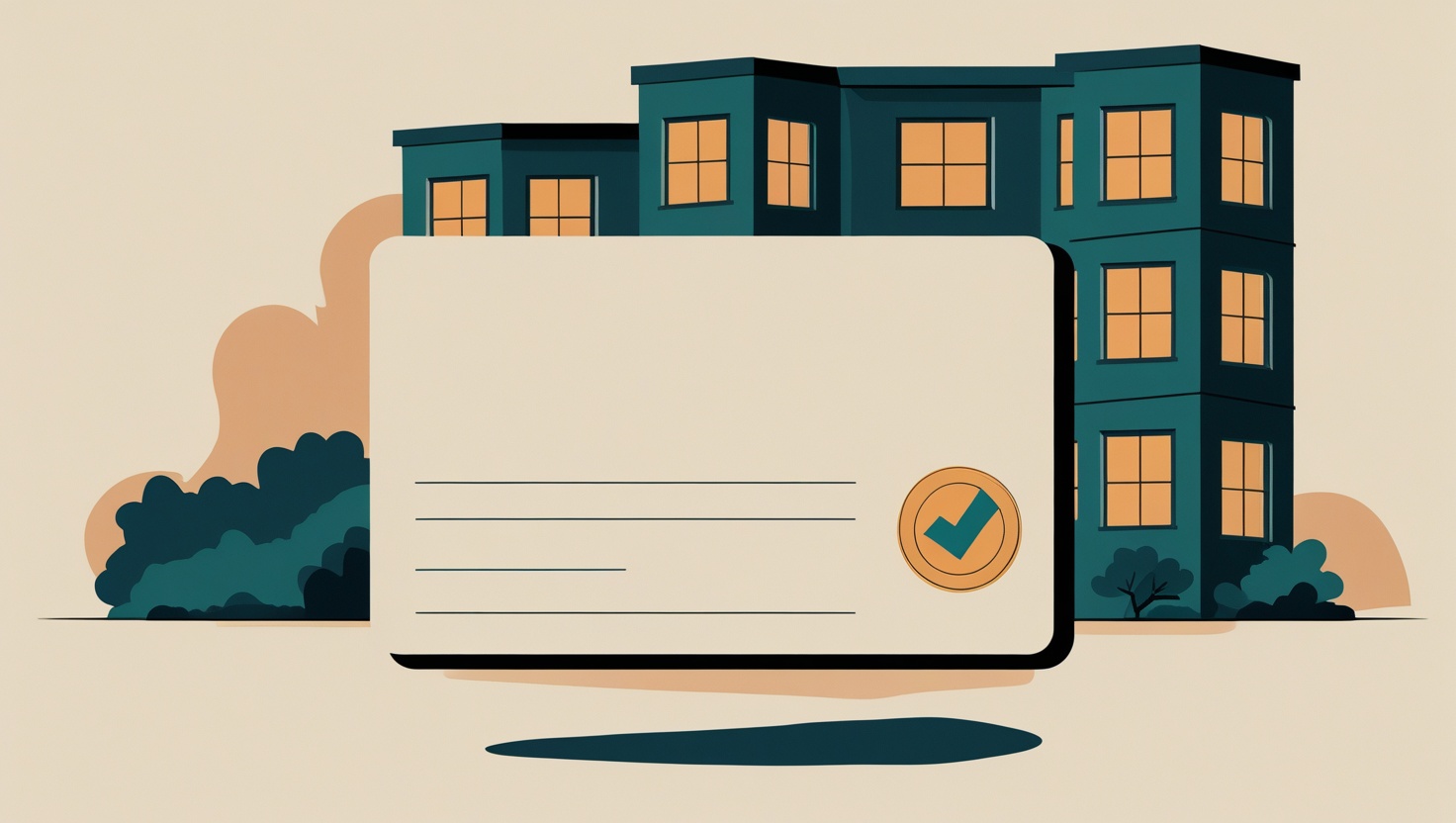 Flat illustration of an apartment building behind a blank permit card with a checkmark seal