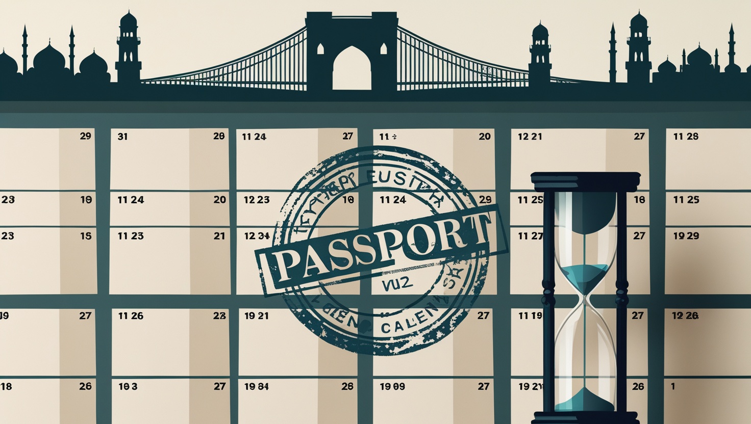 Illustration of a passport entry stamp over a calendar grid with the Istanbul skyline on the horizon
