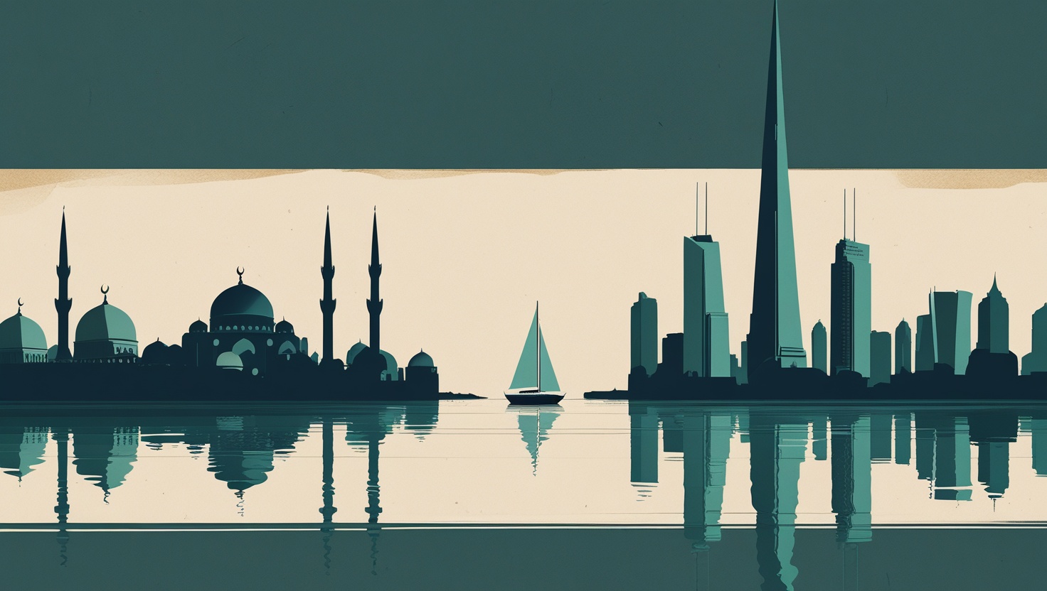 Flat illustration of Istanbul and Dubai skylines facing each other across water