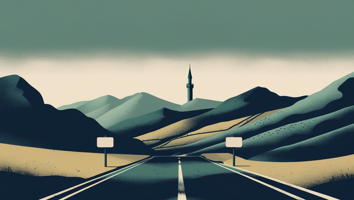 Flat illustration of a forked mountain road, one way toward a minaret, the other toward vineyard hills