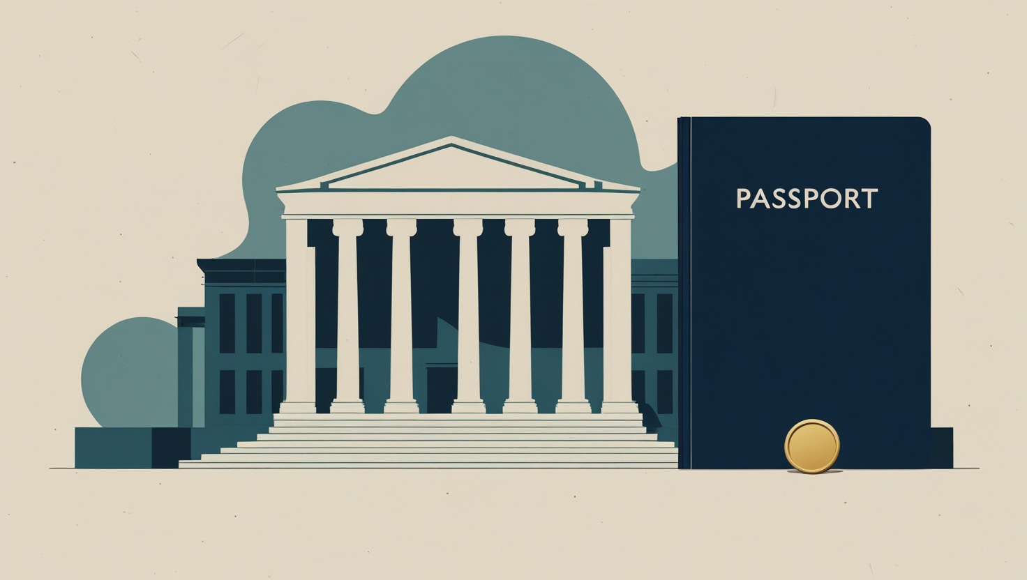 Flat illustration of a classical bank building beside a passport and a coin